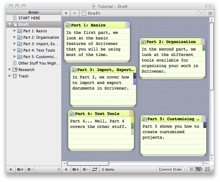 Screenshot of Scrivener's free-form corkboard view