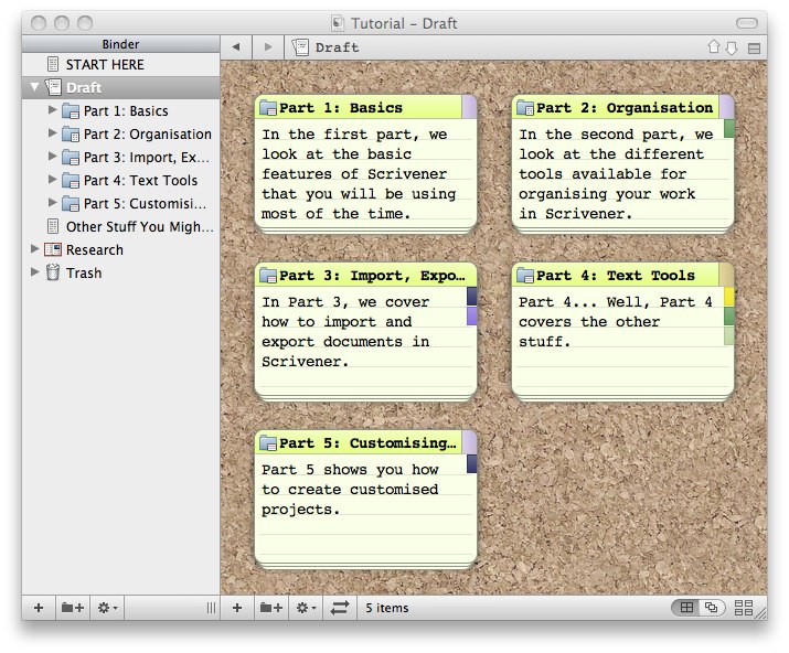 Screenshot of Scrivener's linear corkboard view