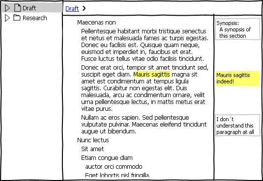 Sample paragraphs and different types of comments. Text comments have the same colour as the commented text. Item comments have a light grey border.